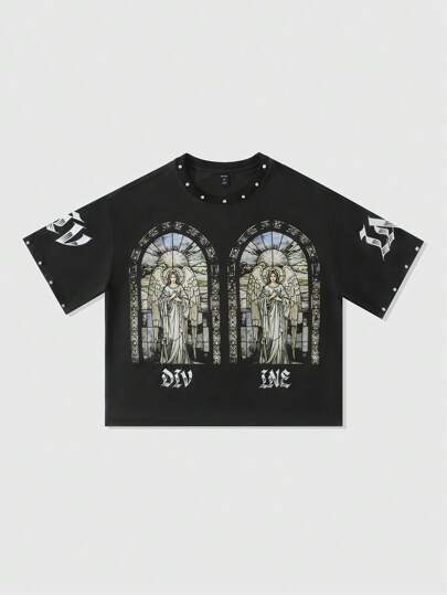 Street Life Camiseta suelta corta con estampado de rhinestones religiosos para hombres, estilo de los 2000
