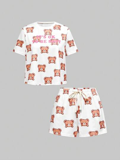 Kawaii Plus Size Women Summer Cute Bear Slogan All Over Print Casual Pajama Set