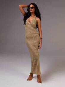 Athîral Women's Solid Deep V Neck Hollow Design Sexy Halter Dress - Khaki - View 4