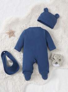 Baby Boy Blue Elephant Printed Long Sleeve Footed Jumpsuit With Hat And Bib Set Home Clothes - Blue - View 2