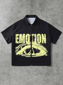 Manfinity EMRG Plus Size Men Letter Print Zip Closure Casual Short Sleeve Shirt - Black - View 7