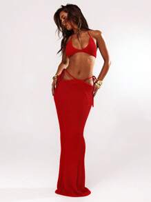 SHEIN BAE Damen 2er Set aus einfarbigem Strick-Top und extra langem gestricktem Midi-Rock für Herbst/Winter