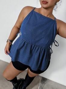 SHEIN ICON Plus Size Summer Casual Ruffle Hem Side Tie Denim Blouse - Blue - View 2
