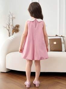 Young Girl Contrast Color Collared Sleeveless Fitted Casual Dress - Pink - View 5