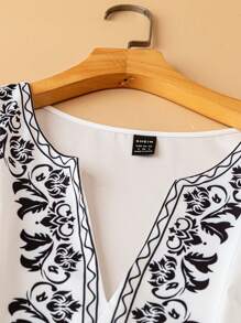 EMERY ROSE 女式夏季休闲花卉印花缺口领短袖衬衫，宽松百搭舒适衬衫 - 白色 - 查看 3