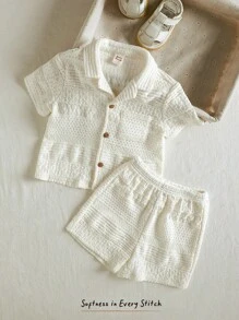 Cozy Pixies 2pcs/Set Baby Boy Color Block Knit Soft Collared Short Sleeve Top And Elastic Waist Shorts Set