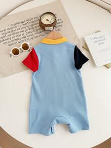 SHEIN Newborn Baby Boy Cute Casual Knitted Contrast Color Short Sleeve Romper For Summer - Multicolor - View 2