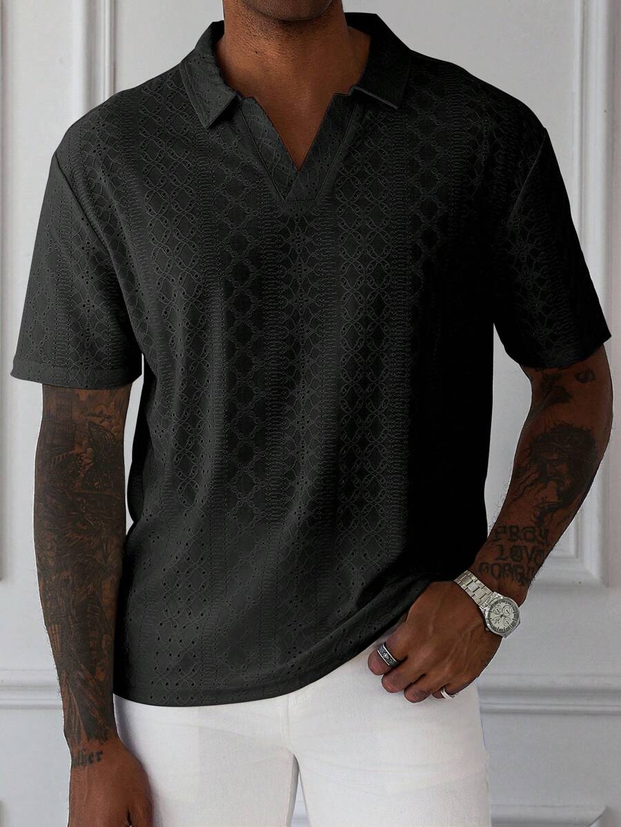 Manfinity Homme 男士纯色长袖 Polo 衫，夏季时尚 - 黑色 - 查看 1