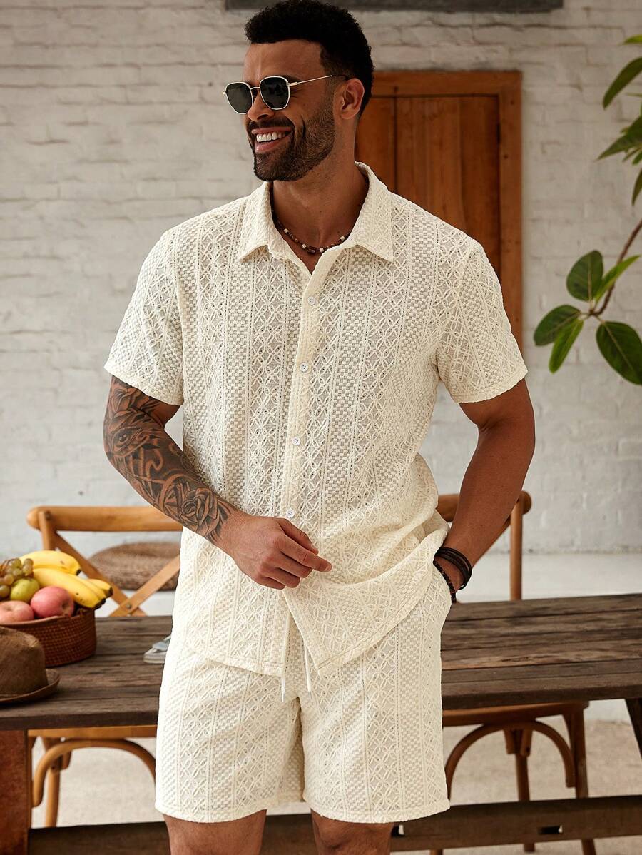 Manfinity Homme Plus Size Men's Summer Vacation Textured Short Sleeve Shirt And Shorts Set - Apricot - View 1