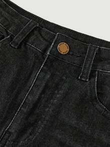 SHEIN Girlism Teen Girls' Pocketed Cuffed Casual Versatile Denim Shorts - Black - View 3