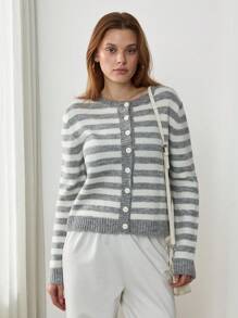 EURMUSE Brushed Yarn Stripe Pattern Grey Long Sleeves Front Button Cardigan,Cardigans For Women,Petite Cardigans,Cardigans - Grey - View 4