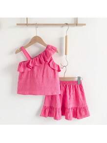 SHEIN Young Girls Summer Casual Holiday Gingham Texture Ruffle Trim Sleeveless Top & Ruffle Hem Mini Skirt 2 Pieces Set