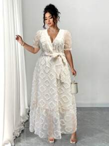 Elenzga Dam V-ringad Jacquard Puffärm Elegant klänning med knyt midja, vår/sommar - Aprikos - Visa 1