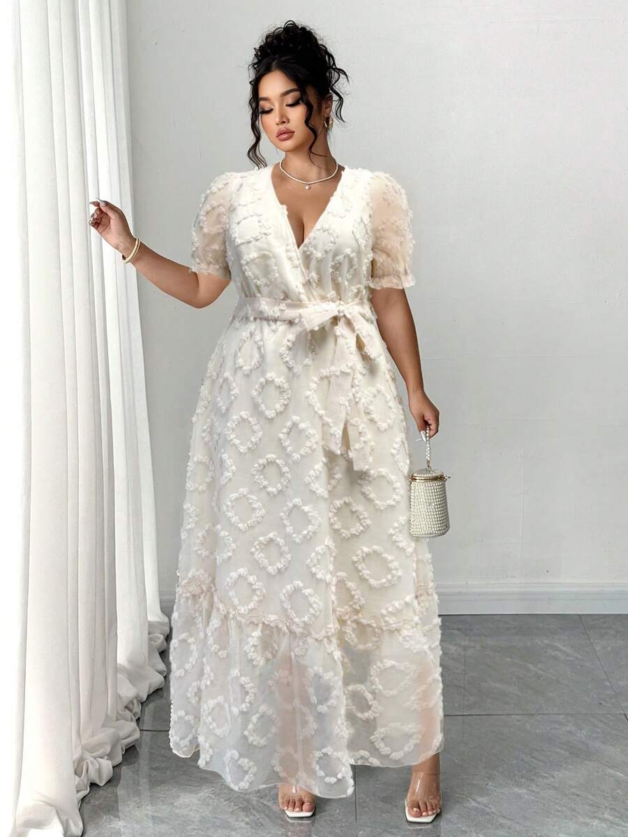 Elenzga Dam V-ringad Jacquard Puffärm Elegant klänning med knyt midja, vår/sommar - Aprikos - Visa 1