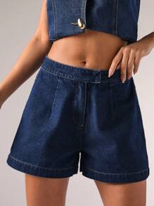 SHEIN BAE Quần short denim thời trang thường ngày có túi khóa kéo màu trơn dành cho nữ - Rửa tối - Xem 6