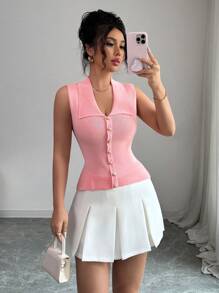 Chiquease French Button Accent Sleeveless Fitted Knit Top - Pink - View 1