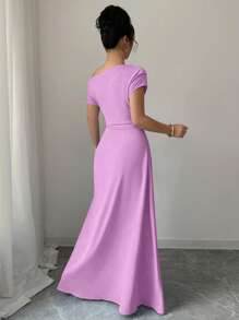 Elenzga Oblique Shoulder + Waist Gathered Extra Long Dress - Purple - View 2