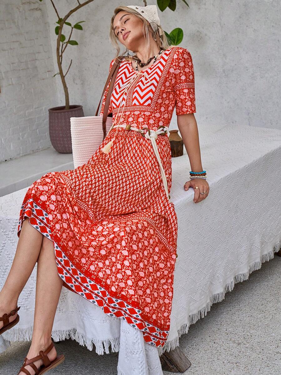 LanaWest 女士休闲度假波西米亚风格连衣裙 - 紅色 - 查看 1