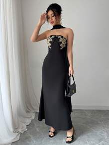 Breezaya Robe bandeau noire brodée pour femmes, style vacances, printemps/été