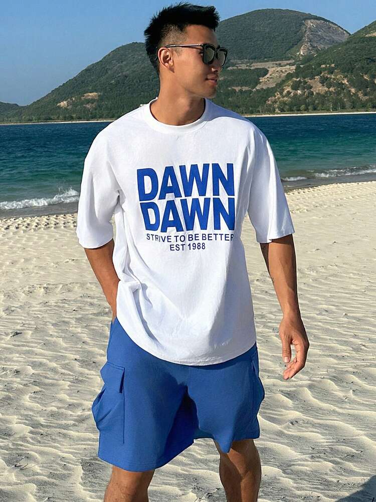 Men's Summer Letter Print White T-Shirt And Vacation Themed T-Shirt Set