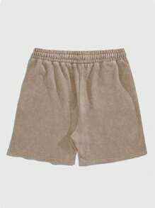 ROMWE MEN Men's Drawstring Waist Washed Vintage Slogan & Hand Gesture Print Shorts - Khaki - View 2