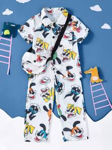 SHEIN 2 pezzi Completo casual per bimbi piccoli con camicia a colletto e pantaloni con stampa colorata di cani, con borsa a tracolla, adatto per attività all'aperto, primavera/estate