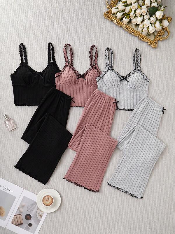 Snug Zone 3 Sets Schleife Dekor Rippenstrick Trägerhemd & Hose Pyjama Set Loungewear Set