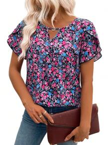 EMERY ROSE 女士夏季新款圆领百褶花卉印花优雅短袖宽松休闲衬衫 - 彩色 - 查看 4