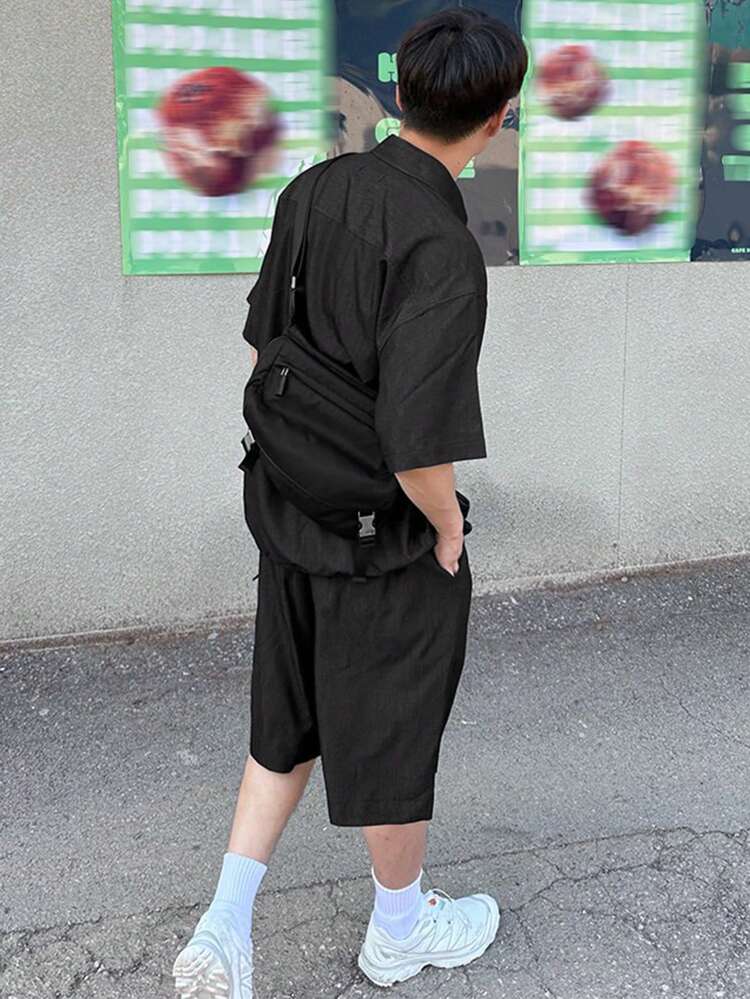 Men's Solid Color Baggy Shirt & Shorts Set, Summer Business Attire