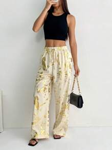 Chiquease Straight Leg Foil Tie Waist Casual Pants, Spring/Summer