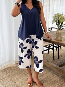 Weeklong Plus Size Two Pieces Sleeveless Casual Holiday-Style Floral Print Set