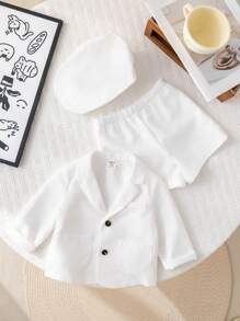 SHEIN Leap Crew 3pcs Baby Boy Gentleman Style Outfit: Collared Cardigan, Solid Color Casual Shorts And Hat 2 Pieces Set, Suitable For Spring/Summer, Birthdays, Baptisms, 1st Birthday Parties, Ceremonies, Weddings - White - View 7