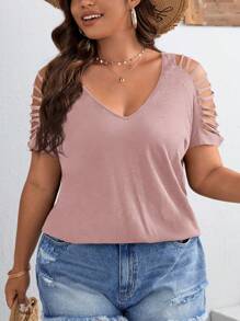 SHEIN VCAY Camiseta informal de manga corta con cuello en V y calado para mujer de talla grande