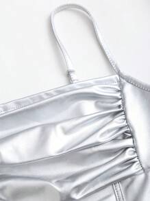 Sweetra Top de tirantes ajustable con efecto arrugado y falso revestimiento de PU con aspecto de espina de pescado, estilo vintage elegante para mujer