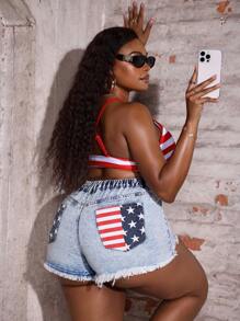 Slaydiva Plus Size Sexy Form-Fitting Denim Shorts, Blue Jean Shorts Summer Outfits For Women Shorts For Women Summer Clothes Jorts Beach Outfits For Woman Beach Y2k USA 4th Of July Outfits American Flag American Flag Shorts - Light Wash - View 2