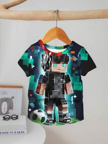 SHEIN 2pcs/Set Baby Boy Casual Cartoon Print Round Neck Short Sleeve Top & Shorts, Suitable For Summer