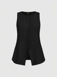 SHEIN MOD 大码休闲无袖百褶领衬衫 - 黑色 - 查看 1