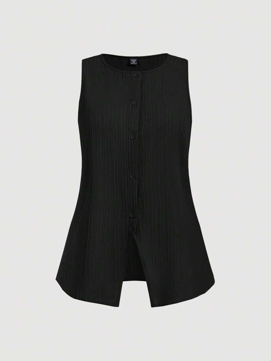 SHEIN MOD 大码休闲无袖百褶领衬衫 - 黑色 - 查看 1