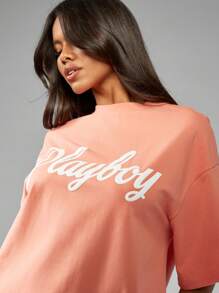 Missguided x Playboy 标志超大 T 恤街头休闲短袖棉混纺夏季春季休闲运动服嘻哈时尚都市风格 - 橘色 - 查看 3