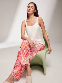 LUVLETTE 丝缎基本款粉色背心和图案裤家居服透气睡衣套装裤子带口袋内衣外套女士休闲套装 - 玫紅色 - 查看 9