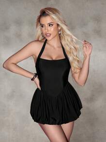 Shapewave Tummy Control Women V-Neck Swimdress With Flounce Hem & Crisscross Back Design For Summer Beach Vacation - Black - View 4