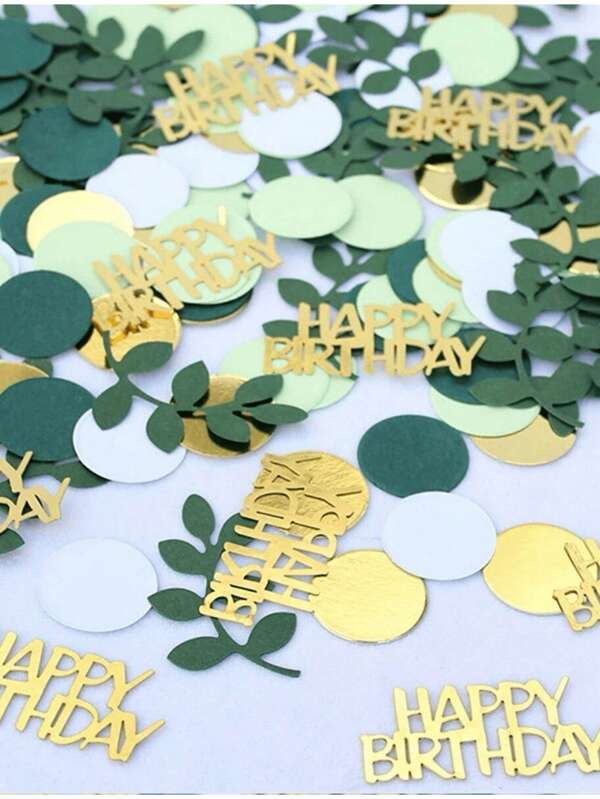 SHEIN 100pcs Green Sage Leaves With Gold "Happy Birthday" Confetti - Perfect For Table Scattering, Party Decor & Celebrations, Holiday Accessories, Birthday Party Supplies, Birthday Gifts, Craft Decorations, Home Decor