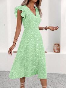 Breezaya 女式随机花卉印花休闲短袖连衣裙长款女装 - 綠色 - 查看 5