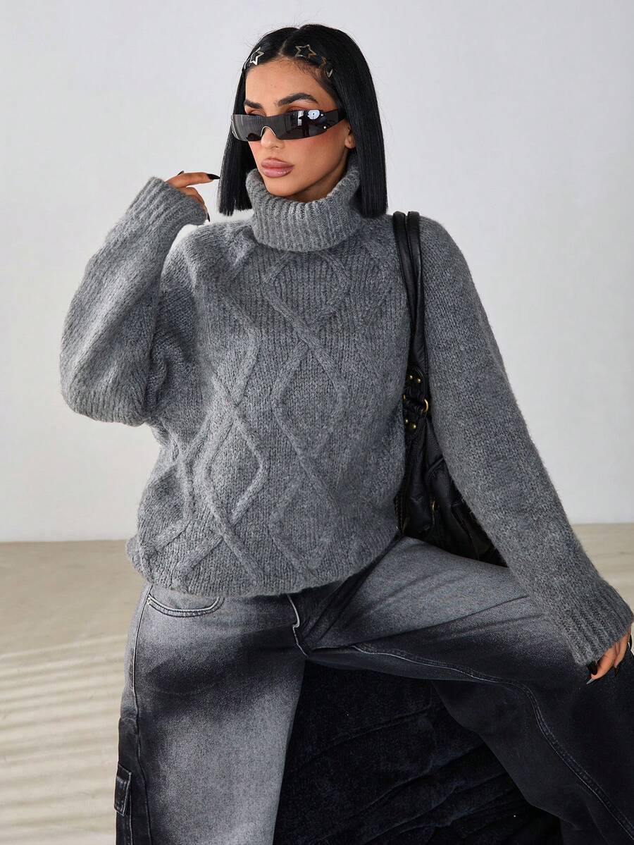 CasuGlow Suéter holgado de cuello alto informal cómodo y acogedor para mujer - Gris - Ver 1