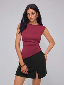 Roylia Women's Sexy Slim Fit Ruched Shoulder T-Shirt, Round Neck, Summer - Red - View 6