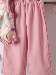 SHEIN 2pcs/Set Young Girl Graphic Print Frill Trim Round Neck Top And Pink Elastic Waist Pants - Pink - View 6