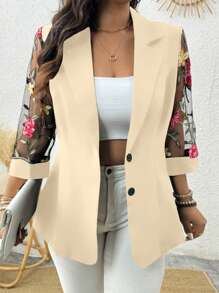 SHEIN Clasi 大码女式西装外套，流行网眼拼布面料，略微收腰，前开式纽扣开合，经典设计，时尚百搭，七分袖，适合春夏季节。非常适合元旦、音乐节、情人节、感恩节、圣诞节、万圣节、休闲聚会、海滩度假、公园野餐、通勤、购物、婚礼等各种场合。舒适的特种面料，性价比高。