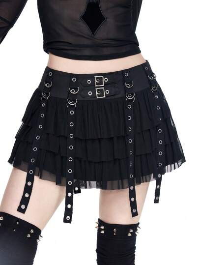Punk Goth Eyelet Lace Trim Multi-Layer Women Mini Skirt