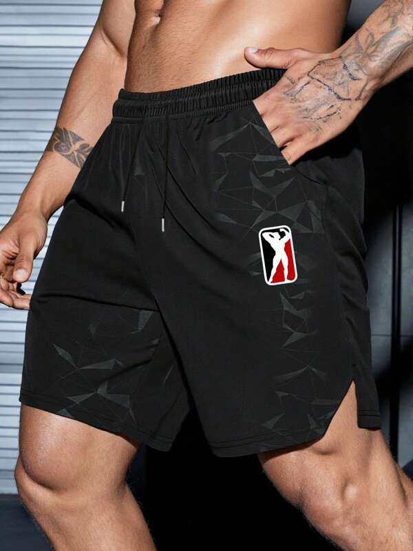Manfinity Sport Polished Men's Graphic Patched Drawstring Waist Pocketed Summer Sports Shorts