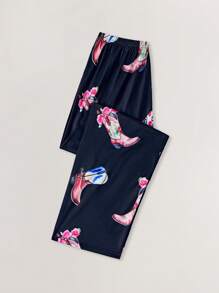 SHEIN بيجامة ذات طباعة جرافيك من توب بأكمام قصيرة وبنطال للمراهقات - الأحمر - مشاهدة 7